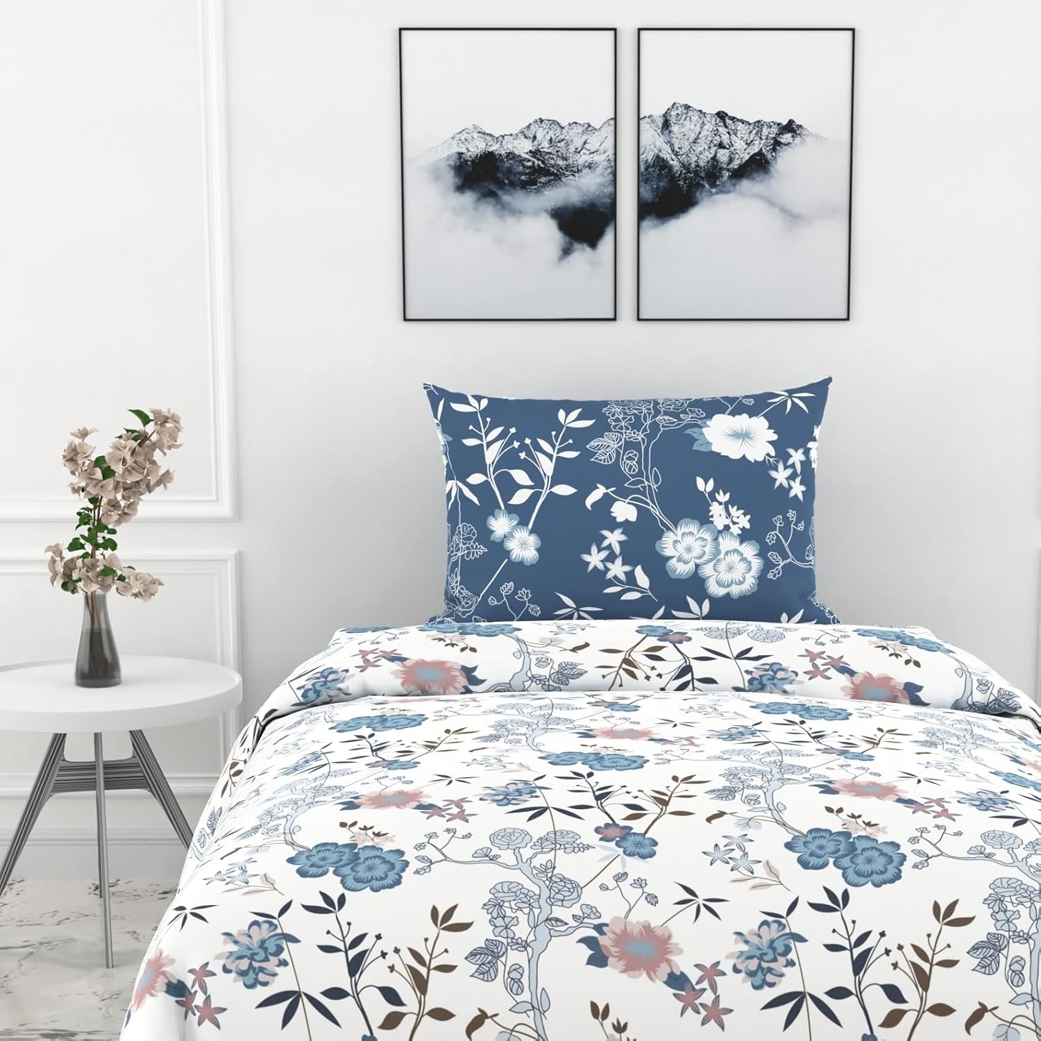 Dusty Blue & Blush Garden Soft & Breathable 100% Cotton Flat Single Bedsheet, 144 TC
