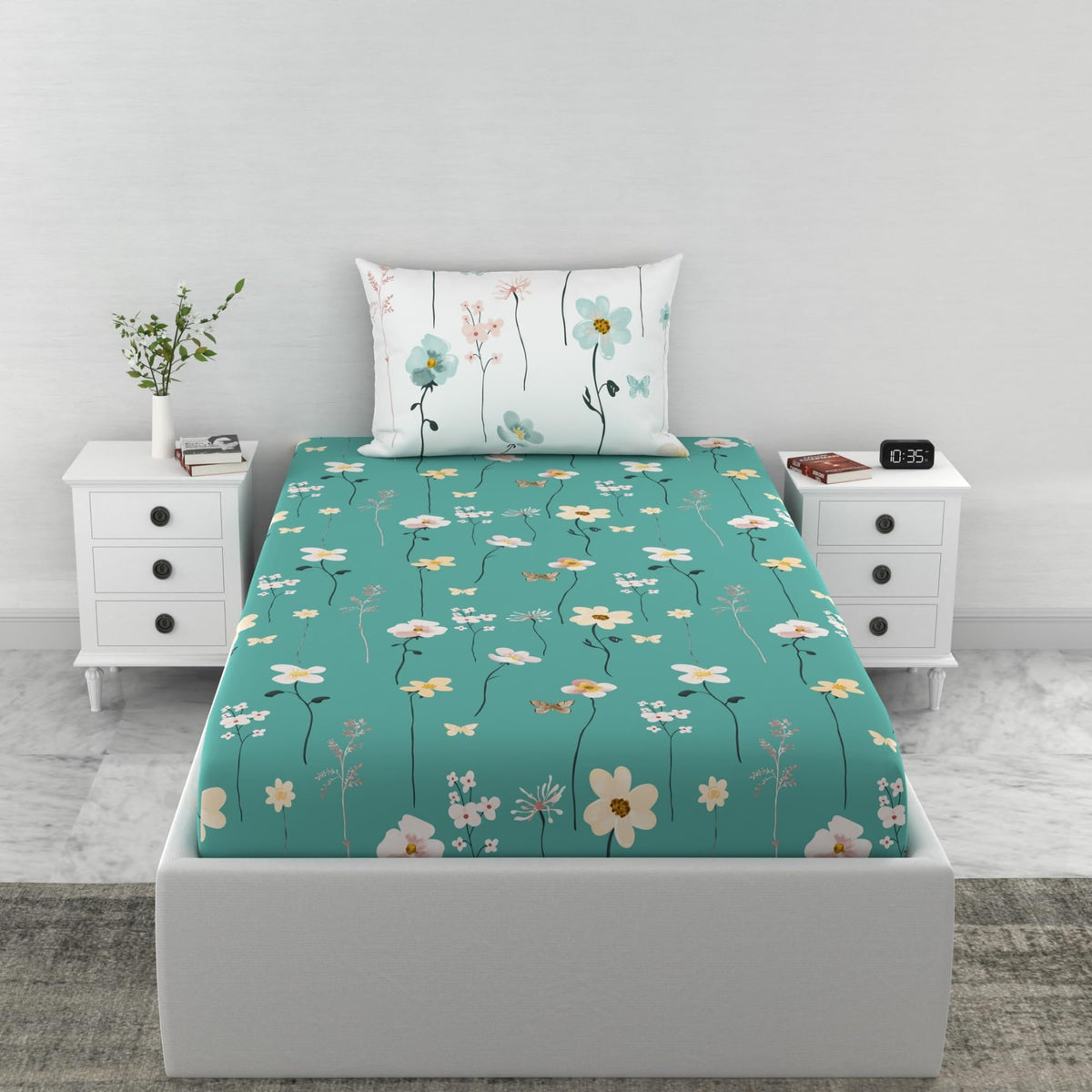 Loreto Teal Floral Blooms & Floral Vines Single Fitted Bedsheet | 144 TC | 100% Cotton | Fits 72 x 36 Inches | 8 Inch Pocket - main product image