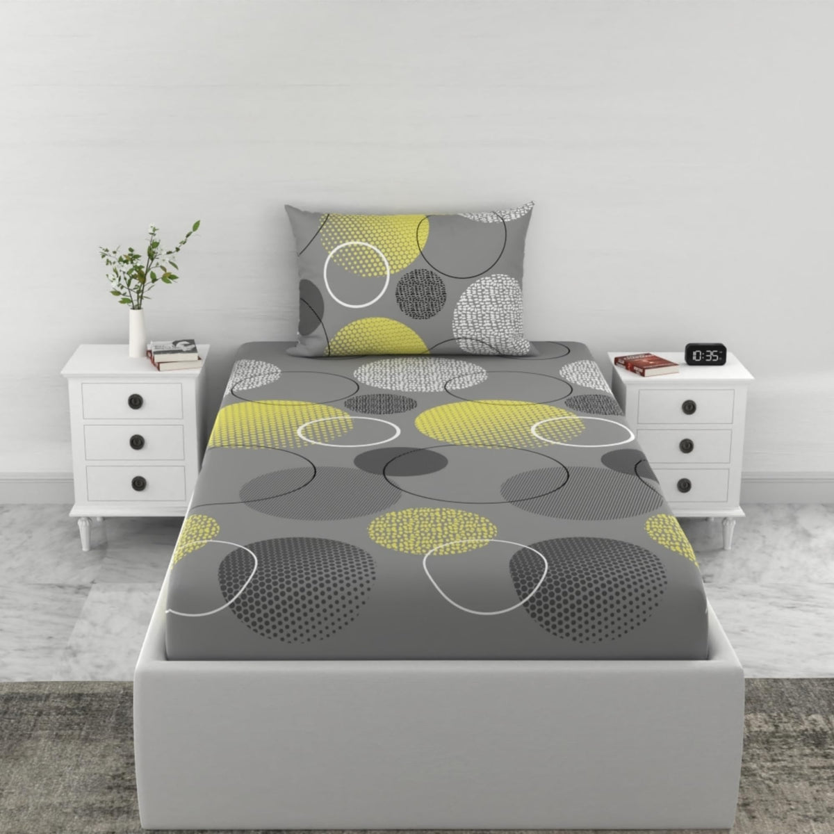 Loreto Cotton Single Pillow Cover | Grey & Yellow Geometric 144 TC Cotton Bed Sheet with 1 - Soft, Breathable & All-Around Elastic (78 x 36 Inches)