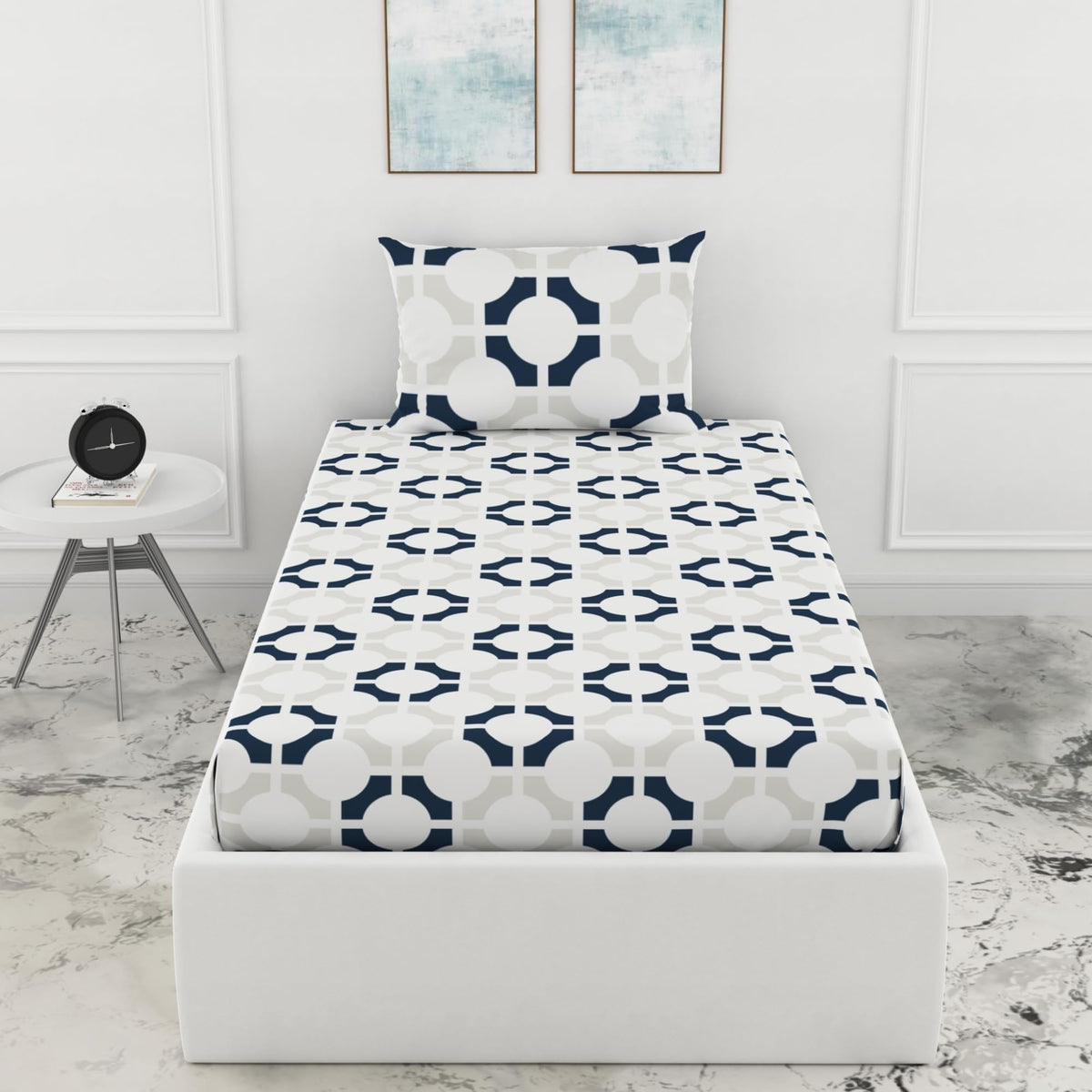 Loreto Colonial Blue Matrix Single Fitted Bedsheet | 100% Cotton | Fits 72 x 36 Inches | 8 Inch Pocket - main product image