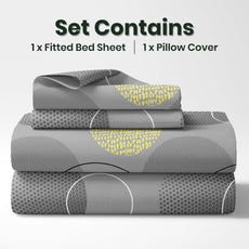 Grey & Yellow Geometric 144 TC Cotton Fitted Single Bed Sheet with 1 Pillow Cover - Soft, Breathable & All-Around Elastic (78 x 36 Inches)