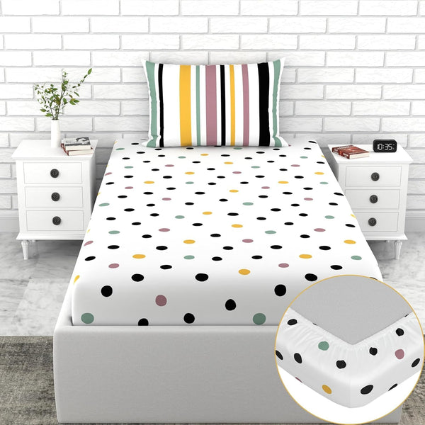 Loreto Cotton Single Pillow Cover | Lemon Drops with Black Polka Dots 144 TC Cotton Bed Sheet with 1 - Soft, Breathable & All-Around Elastic (72 x 36 Inches)