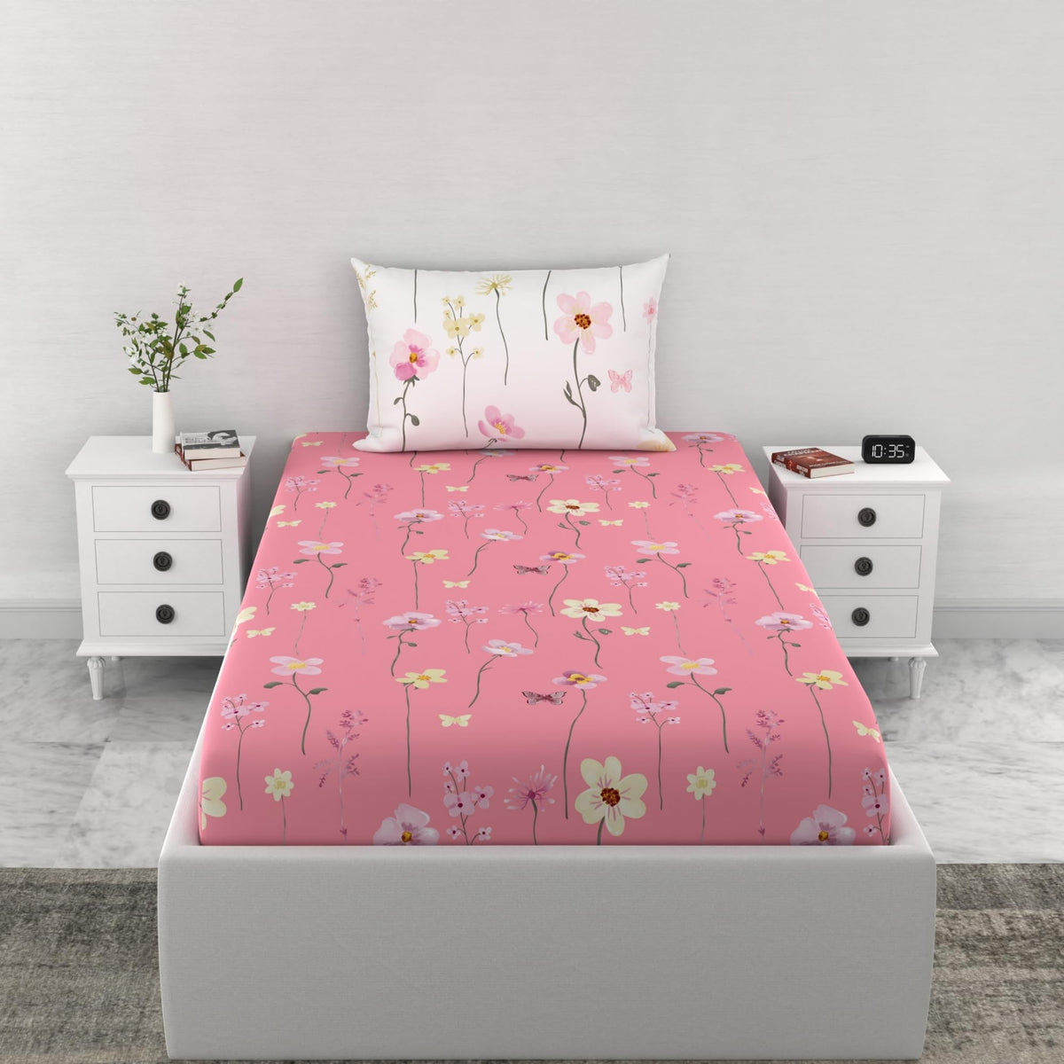 Loreto Pink Floral Blooms & Floral Vines Single Fitted Bedsheet | 144 TC | 100% Cotton | Fits 78 x 36 Inches | 8 Inch Pocket - main product image