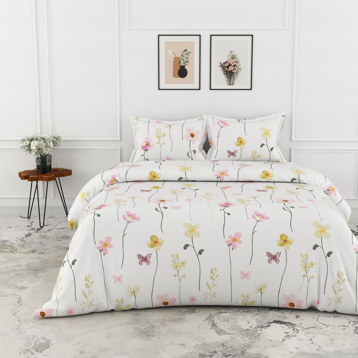 Loreto White Pink Floral Vines King Bedsheet | 144 TC | 100% Cotton | 104 x 104 Inches - main product image
