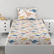 Coral Blue Dino Party 144 TC 100% Cotton Elastic Fitted Single Bedsheet with 1 Pillow Cover - 78 x 36 Inches