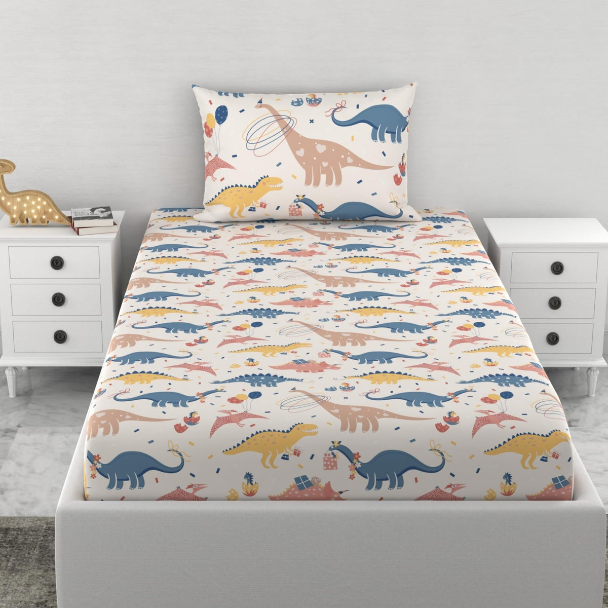 Coral Blue Dino Party 144 TC 100% Cotton Elastic Fitted Single Bedsheet with 1 Pillow Cover - 78 x 36 Inches