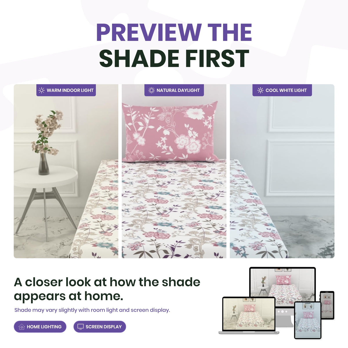 Pink & Teal Blooms 144 TC 100% Cotton Elastic Fitted Single Bedsheet with 1 Pillow Cover - 78 x 36 Inches