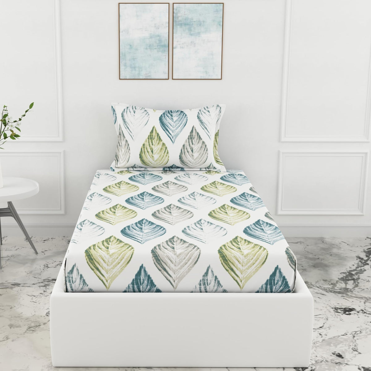 Loreto Teal Blue & Green Single Fitted Bedsheet | 186 TC | 100% Cotton | Fits 78 x 36 Inches | 8 Inch Pocket - main product image