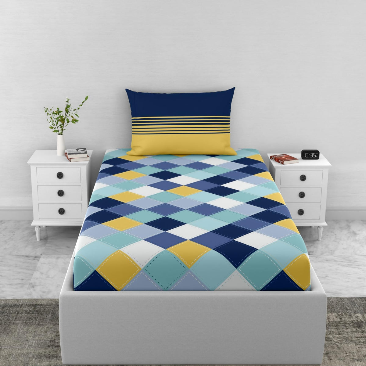Loreto Cotton Single Bedsheet | Vivid Blue and Yellow Checkered