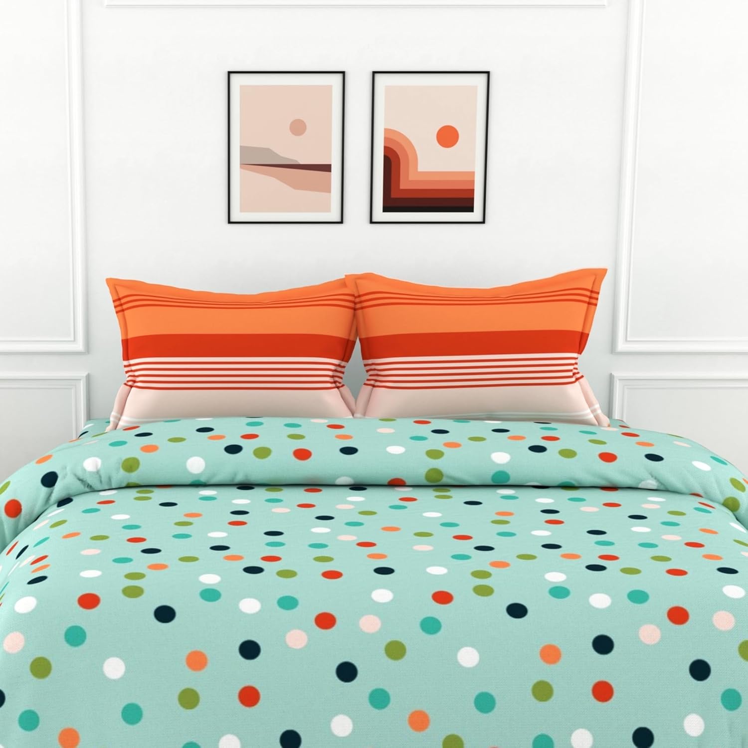 Sea Green and Red Polka 100% Cotton Flat Double Bedsheet, 144 TC