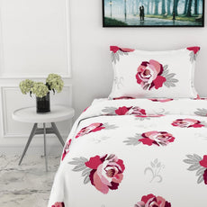 Wine & Pink Floral Single Bedsheet - 210 TC 100% Cotton with 1 Pillow Cover (58 x 88 Inches)