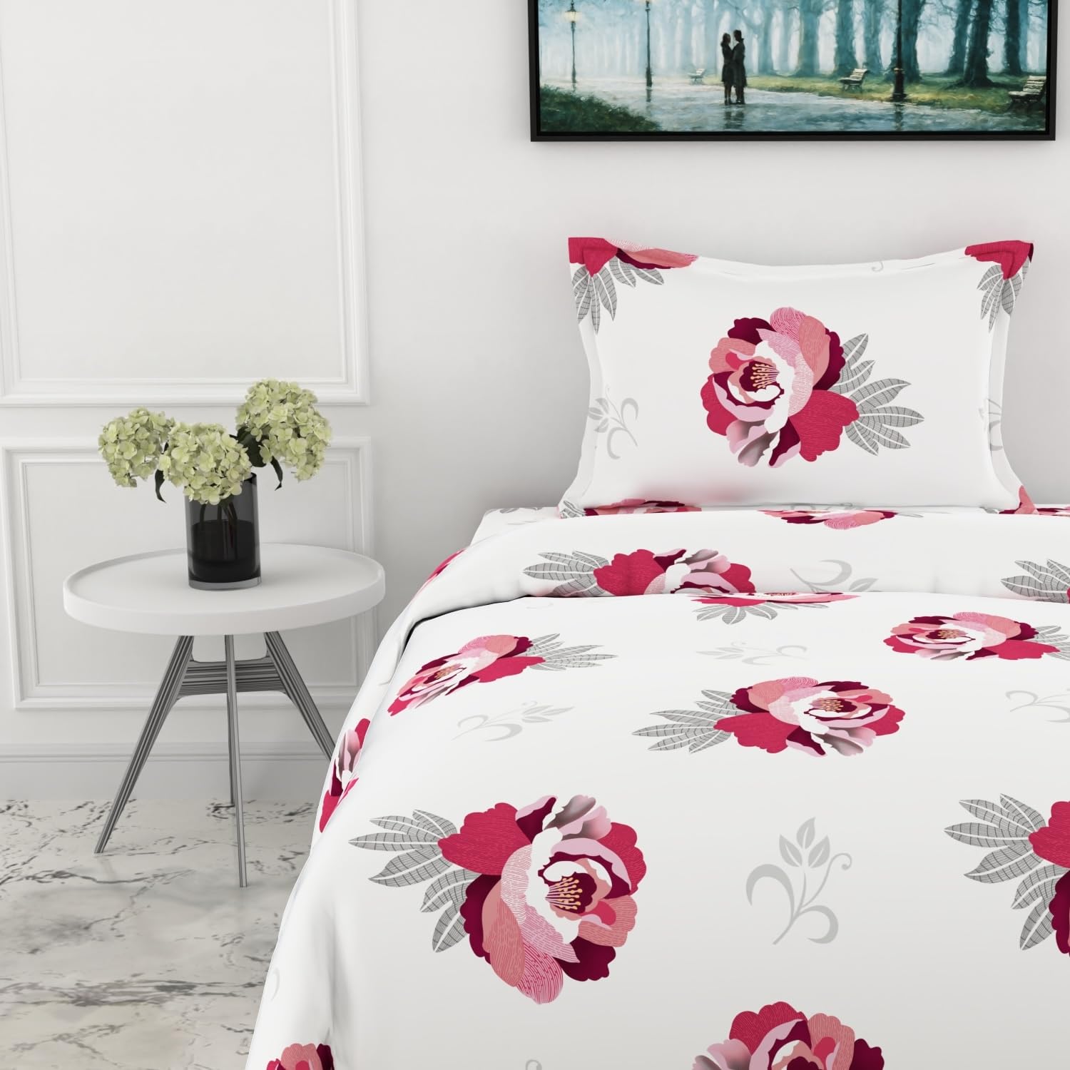 Wine & Pink Floral Single Bedsheet - 210 TC 100% Cotton with 1 Pillow Cover (58 x 88 Inches)