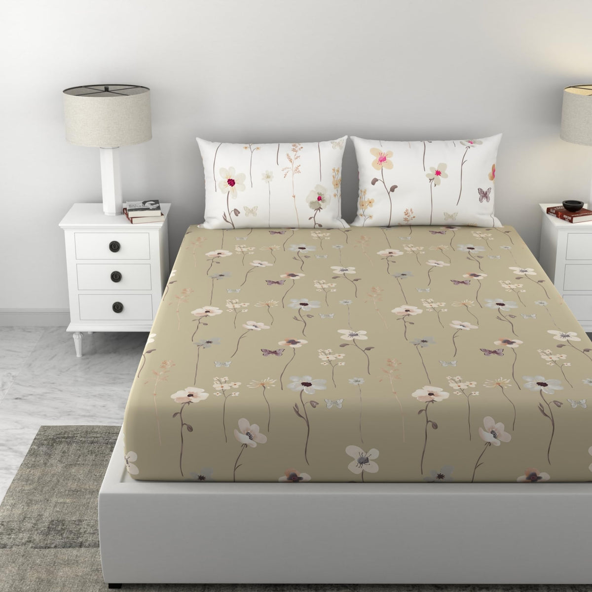 Loreto Khaki Floral Blooms & Floral Vines King Fitted Bedsheet | 144 TC | 100% Cotton | Fits 72 x 72 Inches | 8 Inch Pocket - main product image
