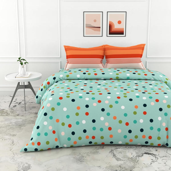 Loreto Cotton Double Bedsheet | Sea Green and Red Polka