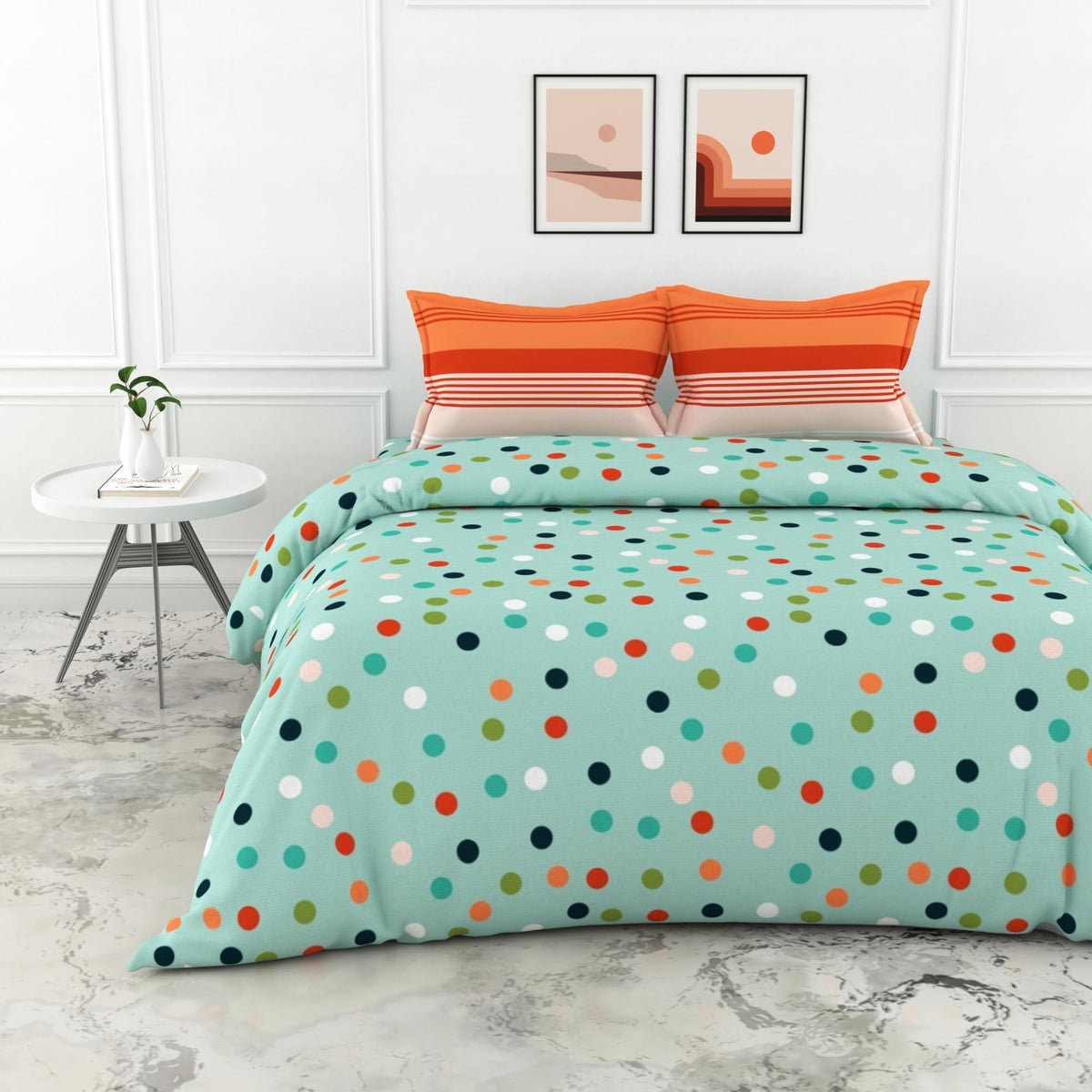 Loreto Cotton Double Bedsheet | Sea Green and Red Polka