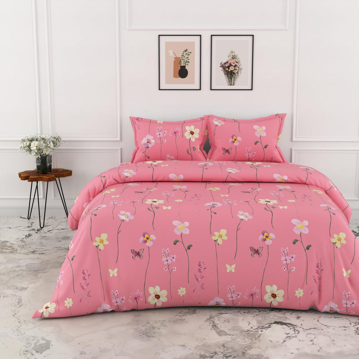 Loreto Pink Floral Blooms King Bedsheet | 144 TC | 100% Cotton | 104 x 104 Inches - main product image