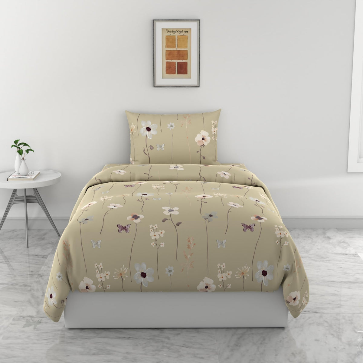 Loreto Khaki Floral Blooms Single Bedsheet | 144 TC | 100% Cotton | 54 x 84 Inches - main product image