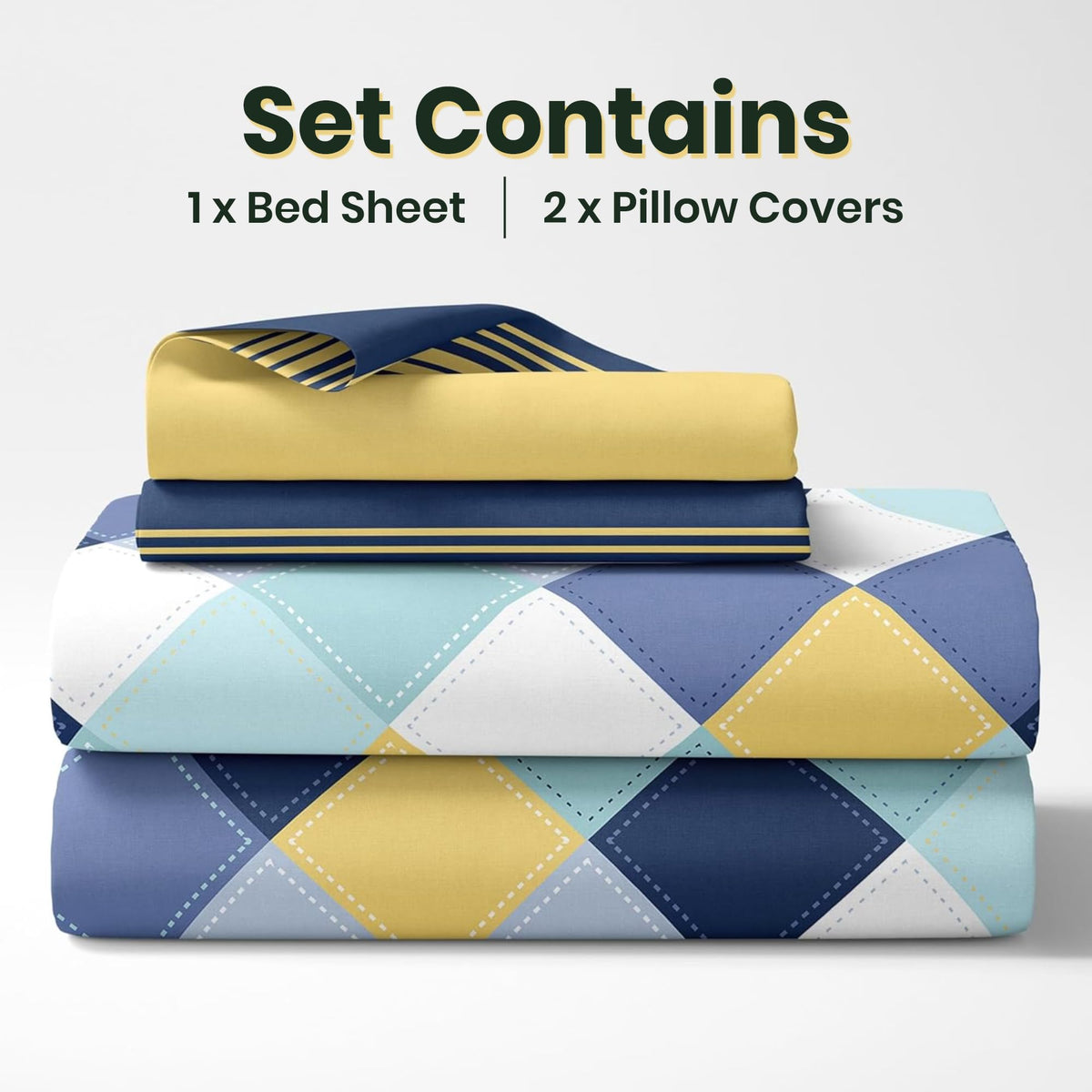 Vivid Blue and Yellow Checkered 100% Cotton Flat King Bedsheet, 144 TC