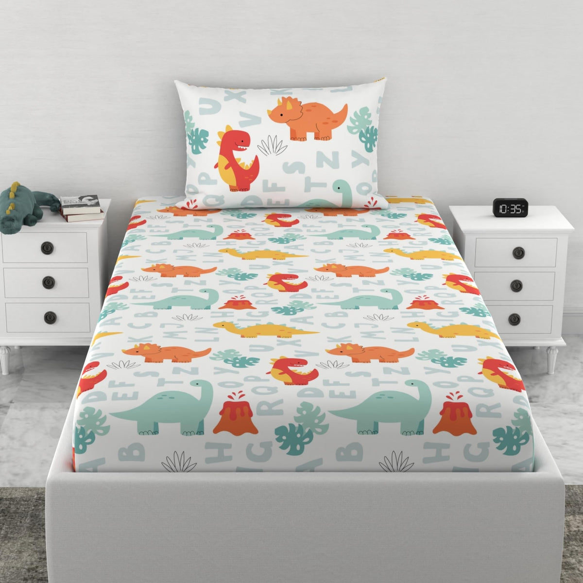 Loreto Orange & Mint Alphabet Dino Play Single Fitted Bedsheet | 144 TC | 100% Cotton | Fits 72 x 36 Inches | 8 Inch Pocket - main product image