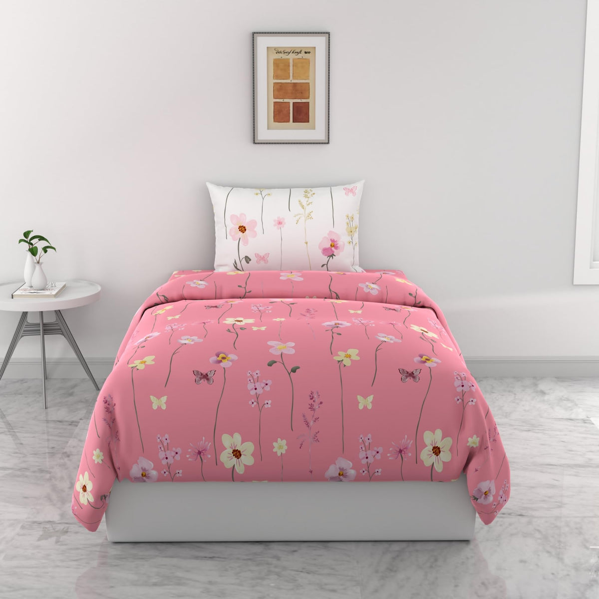 Loreto Pink Floral Blooms & Floral Vines Single Bedsheet | 144 TC | 100% Cotton | 54 x 84 Inches - main product image