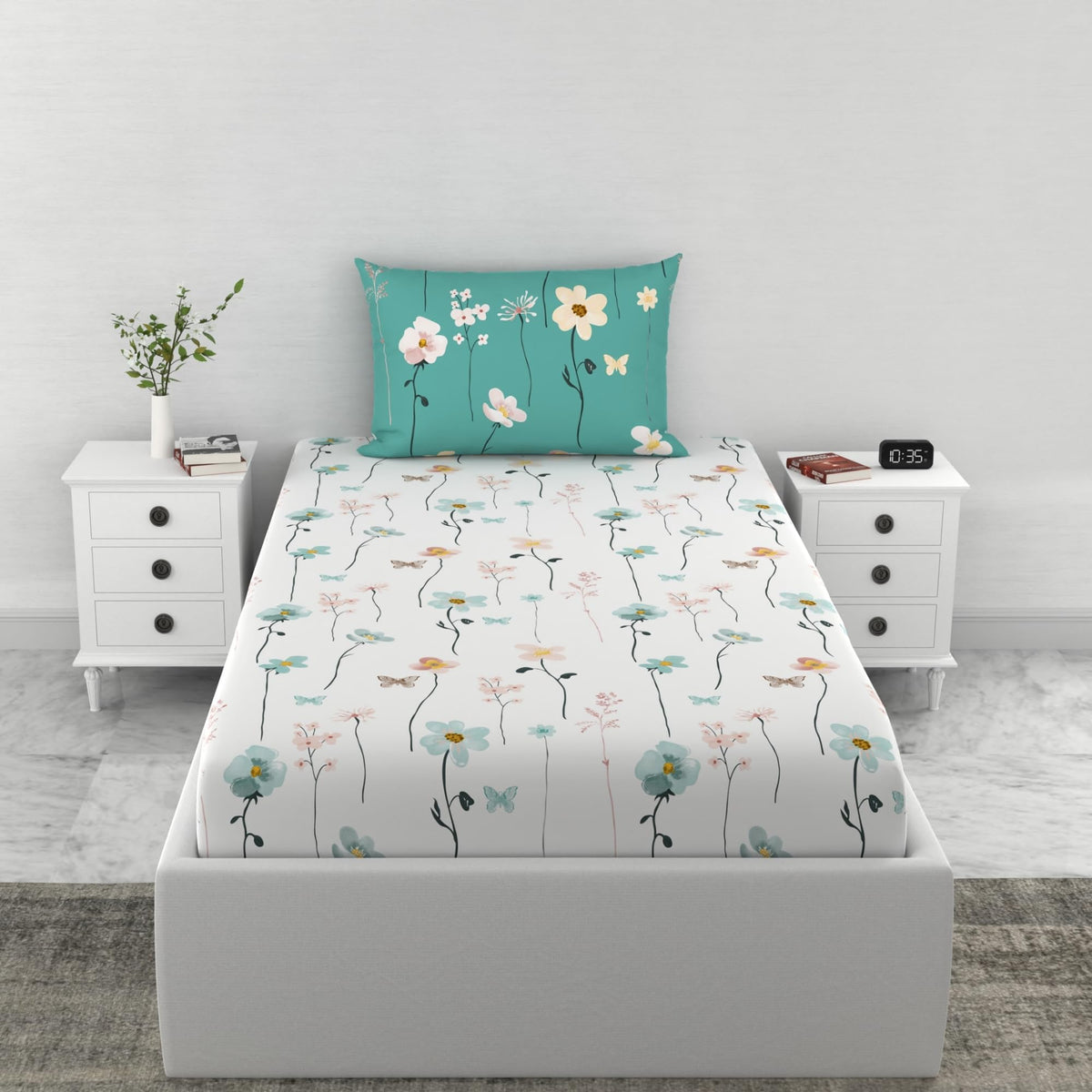 Loreto White Teal Floral Vines & Floral Blooms Single Fitted Bedsheet | 144 TC | 100% Cotton | Fits 78 x 36 Inches | 8 Inch Pocket - main product image