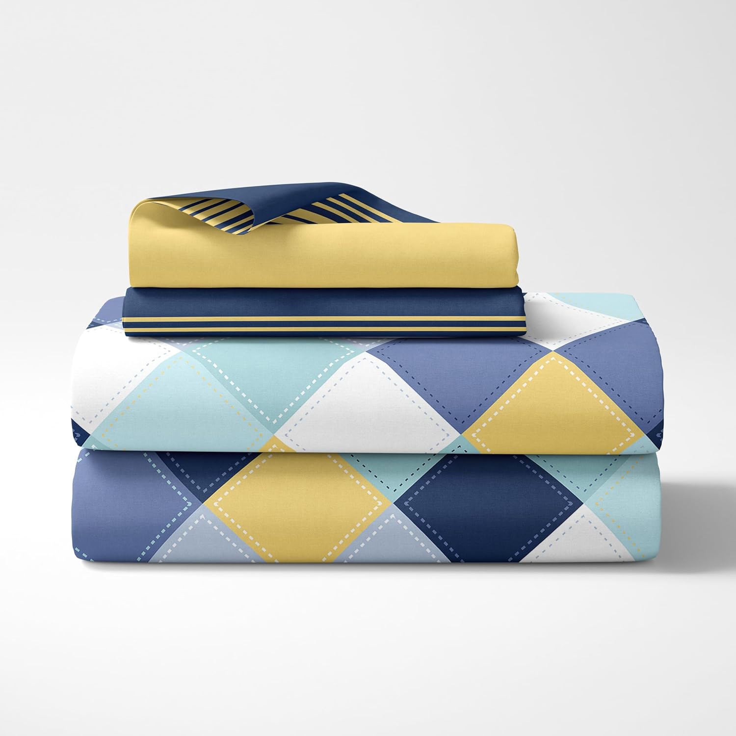 Vivid Blue and Yellow Checkered 100% Cotton Flat Double Bedsheet, 144 TC