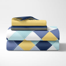Vivid Blue and Yellow Checkered 100% Cotton Flat Single Bedsheet, 144 TC