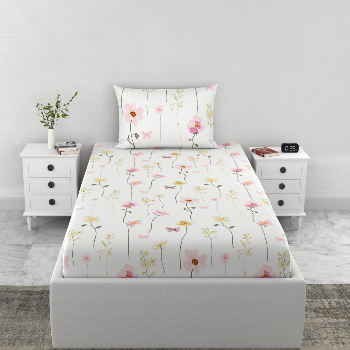 Loreto White Pink Floral Vines Single Fitted Bedsheet | 144 TC | 100% Cotton | Fits 78 x 36 Inches | 8 Inch Pocket - main product image