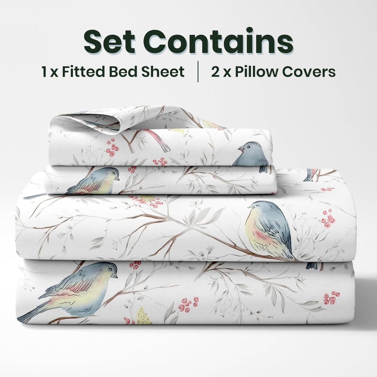 Blush Pink & Blue Bird 186 TC Cotton Fitted King Size Bedsheet with 2 Pillow Covers - 78 x 72 Inches | Soft, Breathable & All-Around Elastic
