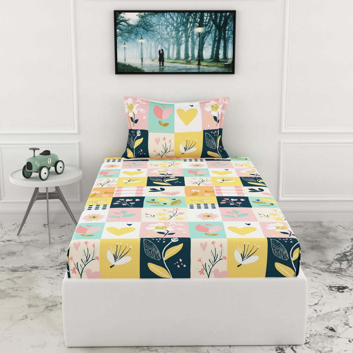 Loreto Pastel Garden Single Fitted Bedsheet | 186 TC | 100% Cotton | Fits 78 x 36 Inches | 8 Inch Pocket - main product image