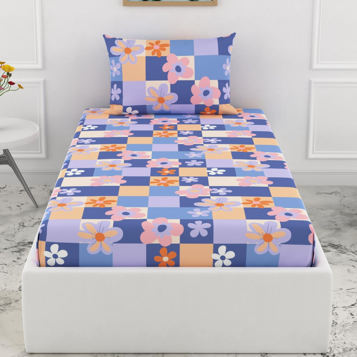 Loreto Pastel Floral Checkered Single Fitted Bedsheet | 144 TC | 100% Cotton | Fits 72 x 36 Inches | 8 Inch Pocket - main product image