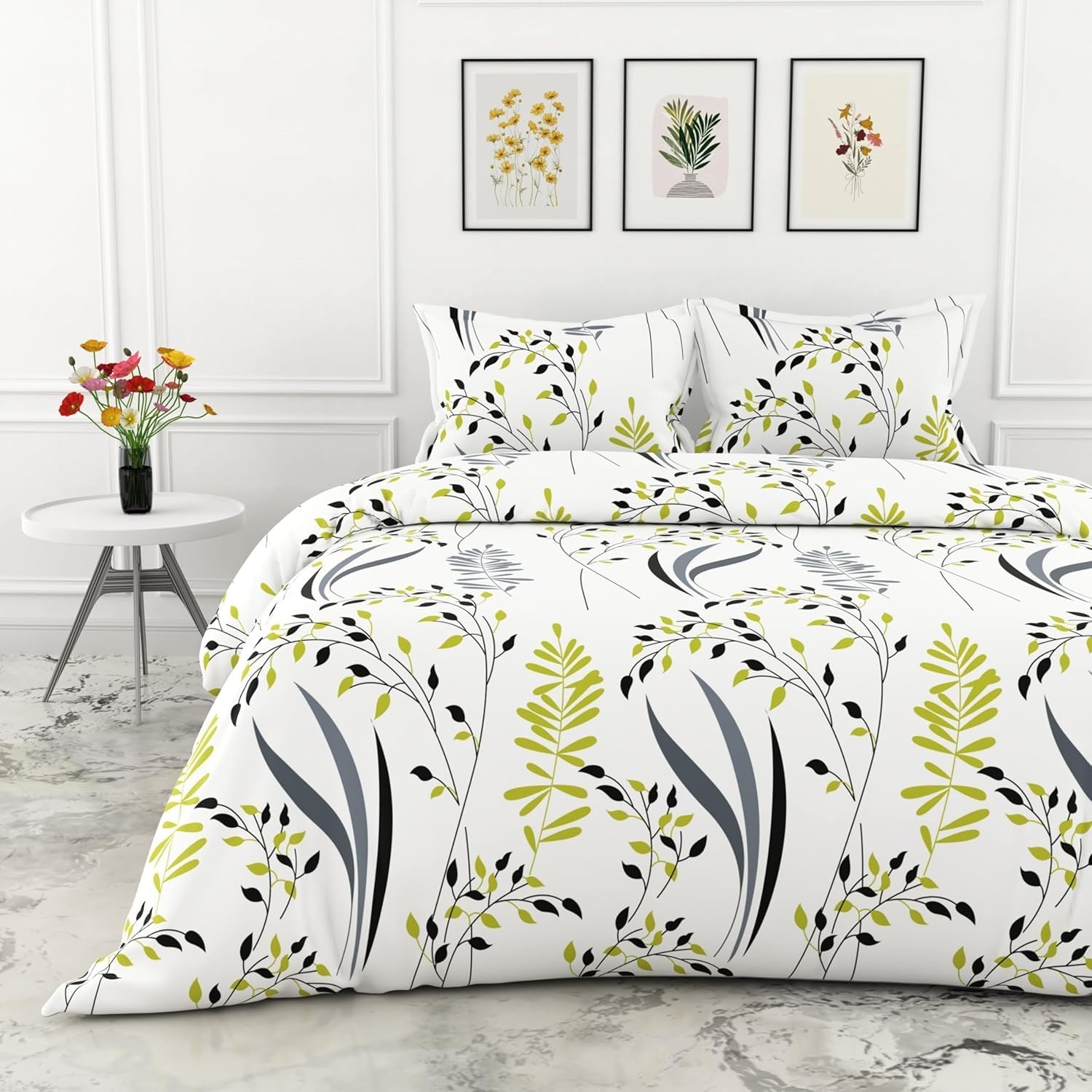 Olive & Charcoal Leaf 186 TC Cotton Fitted Bedsheet for King Size Bed with 2 Pillow Covers - Deep Pocket Elastic, 78 x 72 Inches