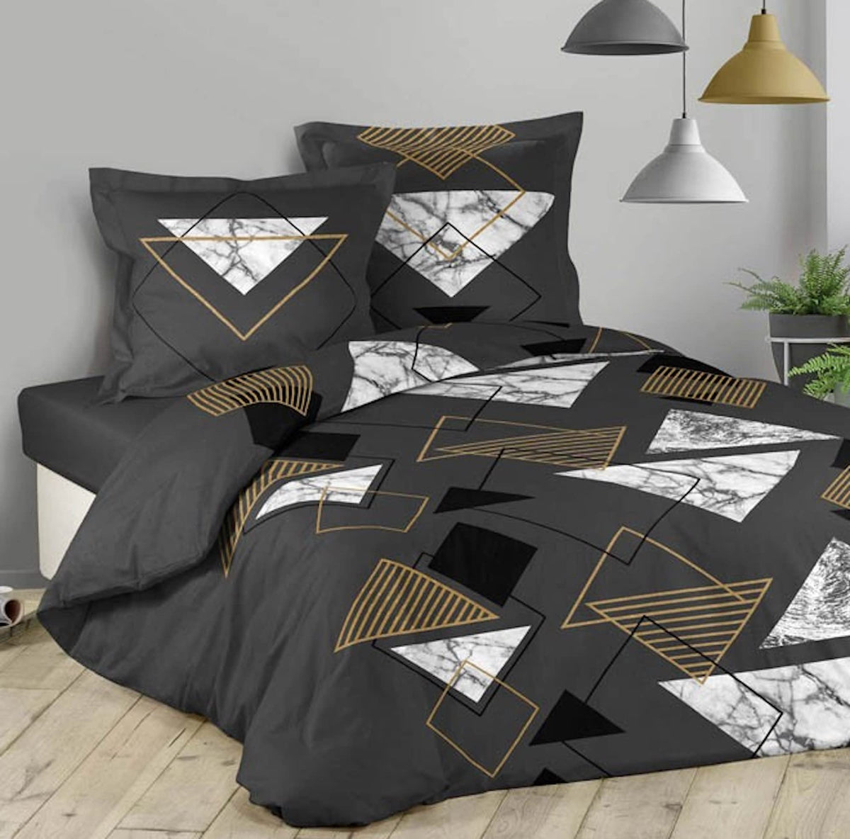 Loreto Black & Grey Triangle Double Bedsheet | 144 TC | 100% Cotton | 90 x 88 Inches - main product image