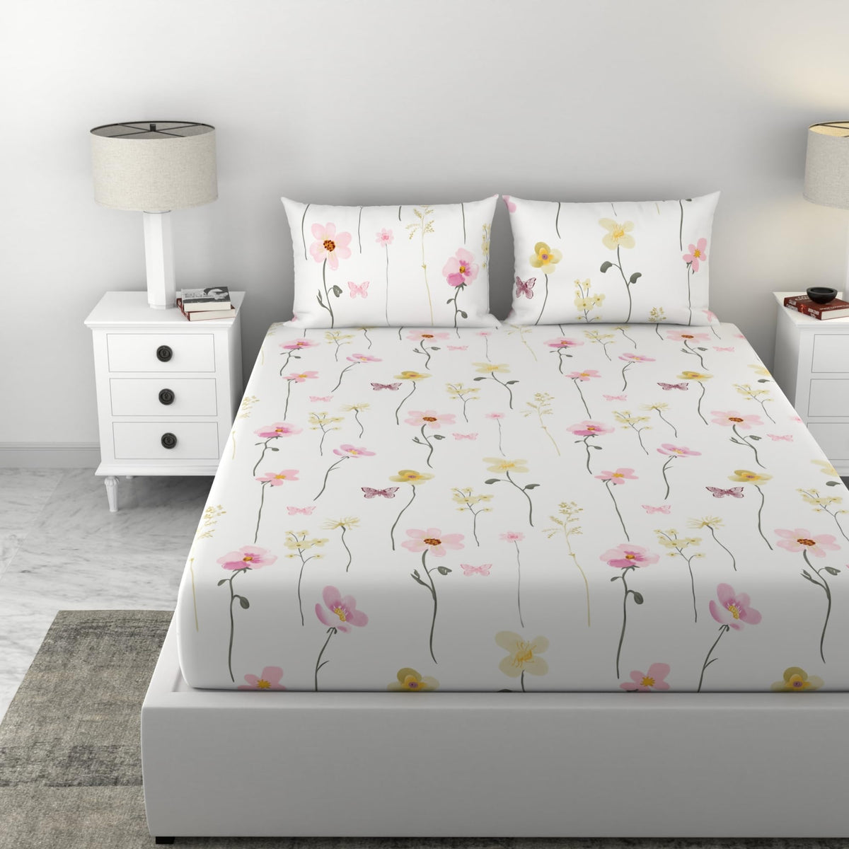Loreto White Pink Floral Vines Double Fitted Bedsheet | 144 TC | 100% Cotton | Fits 78 x 60 Inches | 8 Inch Pocket - main product image