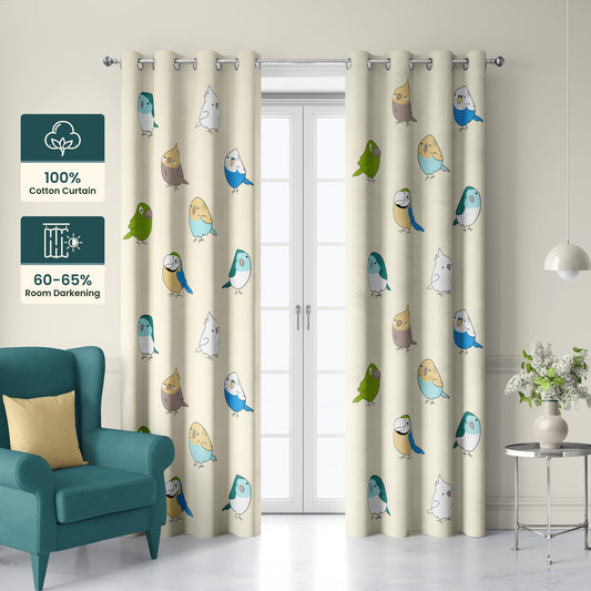 Multicolor Birds Door Curtain - Cotton Set of 2 (4 x 7 ft)