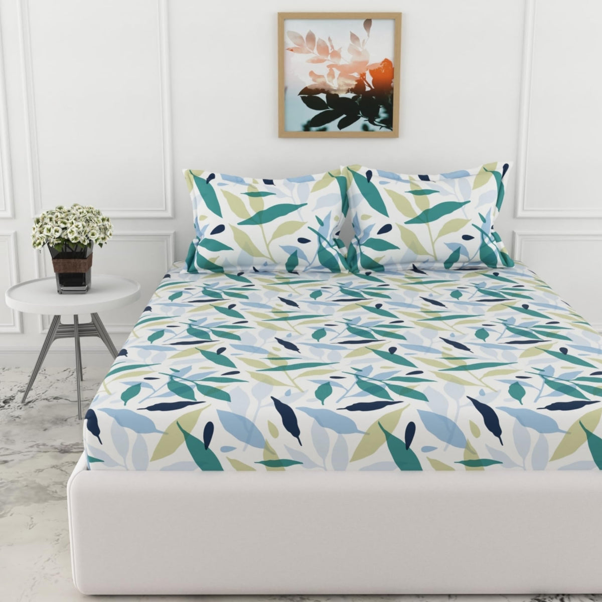 Loreto Green Leaf Whisper Double Fitted Bedsheet | 210 TC | 100% Cotton | Fits 78 x 60 Inches | 8 Inch Pocket - main product image