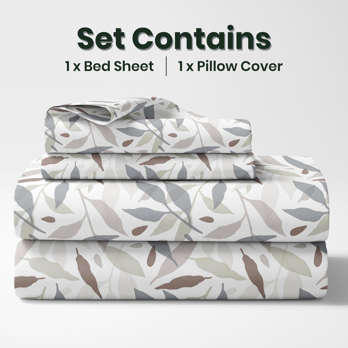 Grey Leaf Whisper Single Bedsheet - 210 TC 100% Cotton with 1 Pillow Cover (58 x 88 Inches)