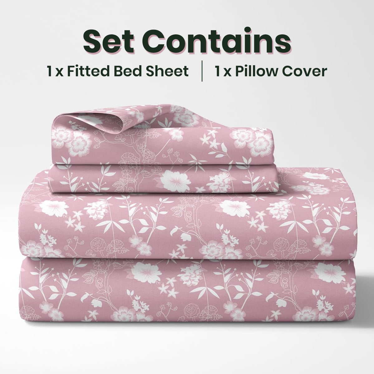 Pink Vine Blooms 144 TC 100% Cotton Elastic Fitted Single Bedsheet with 1 Pillow Cover - 78 x 36 Inches