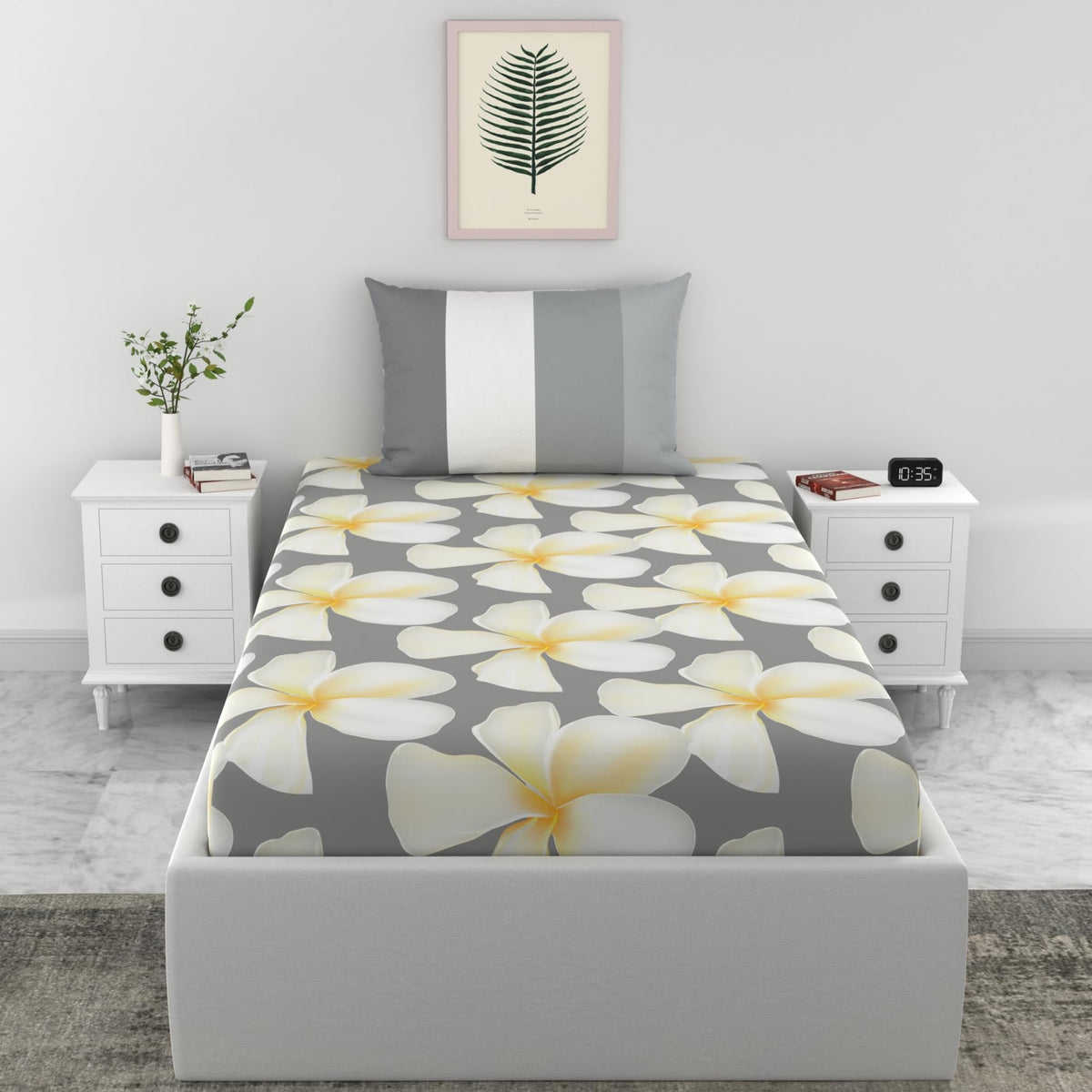 Loreto Storm Grey & Celery White Flower Single Fitted Bedsheet | 100% Cotton | Fits 72 x 36 Inches | 8 Inch Pocket - main product image