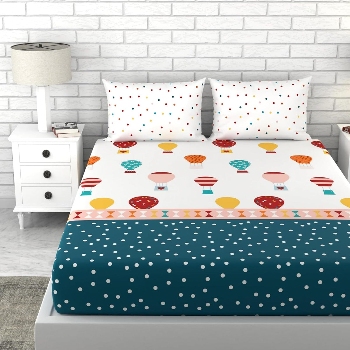 Loreto Blue & Red Balloon King Fitted Bedsheet | 100% Cotton | Fits 72 x 72 Inches | 8 Inch Pocket - main product image