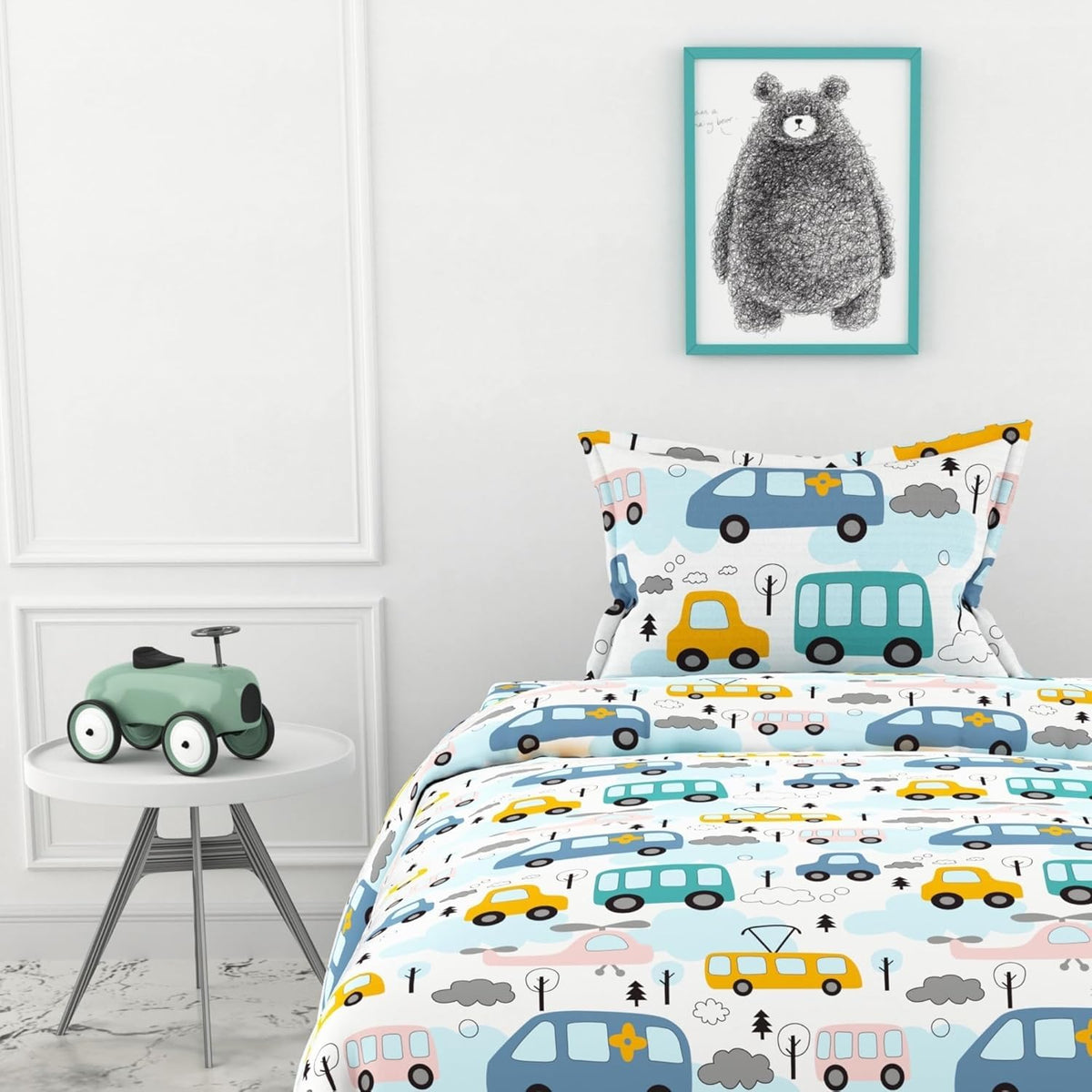 Loreto Baby Blue&White Motor Car Design Single Bedsheet | 144 TC | 100% Cotton - main product image