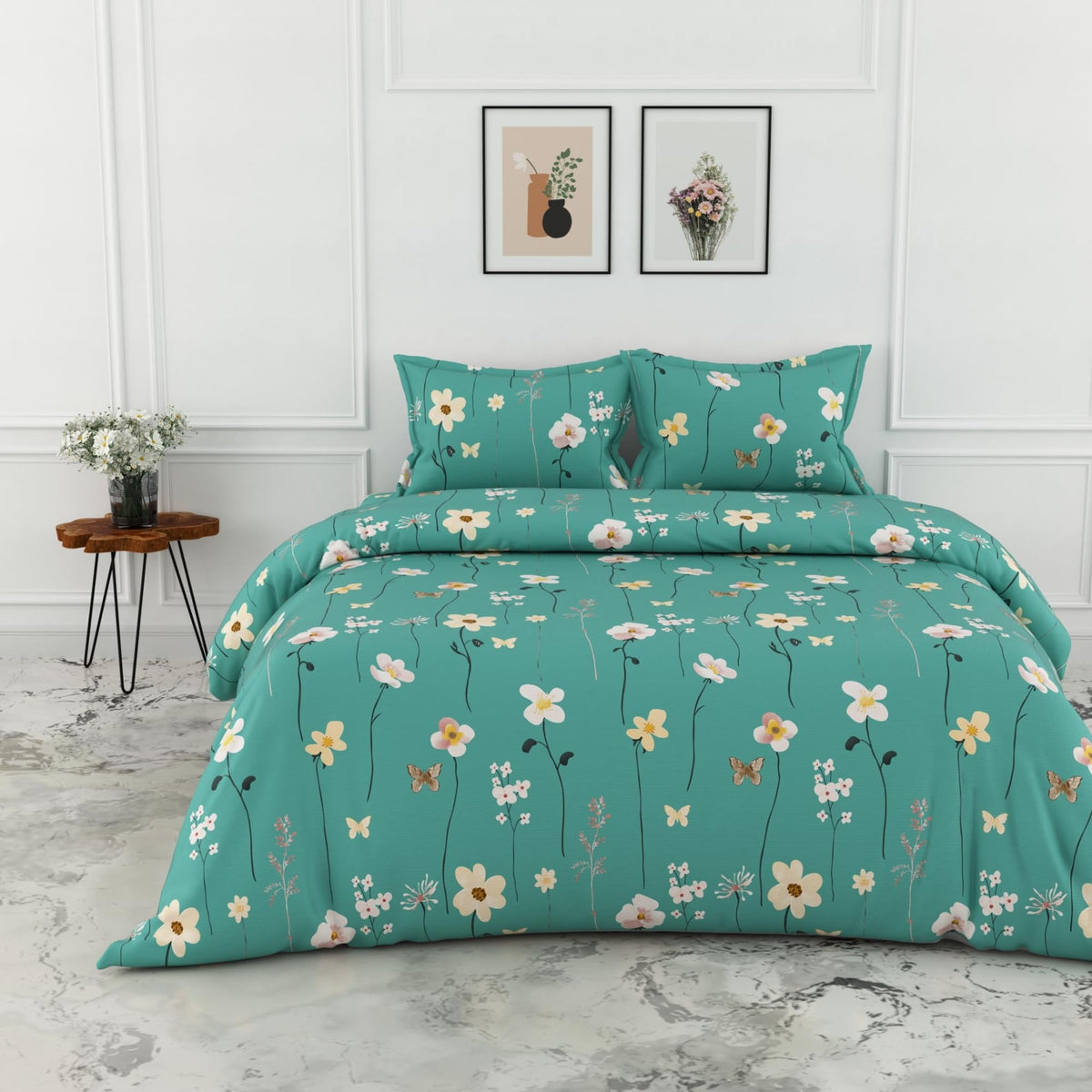 Loreto Teal Floral Blooms King Bedsheet | 144 TC | 100% Cotton | 104 x 104 Inches - main product image