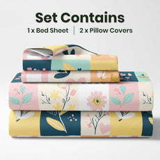Pastel Garden on White Grid 186 TC Cotton Double Bedsheet, 90 x 90 Inches - Soft Percale Weave with 2 Pillow Covers, Durable & Breathable