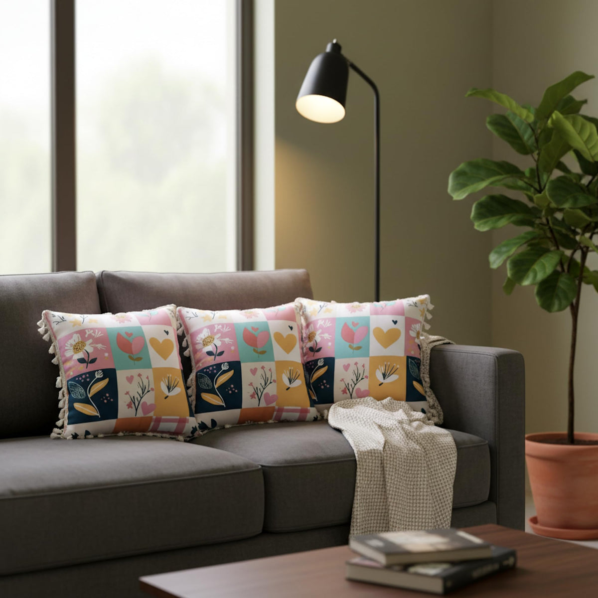Loreto Pastel Garden on White Grid Cotton Cushion Covers | Set of 3 | 16 x 16 Inches - main product image