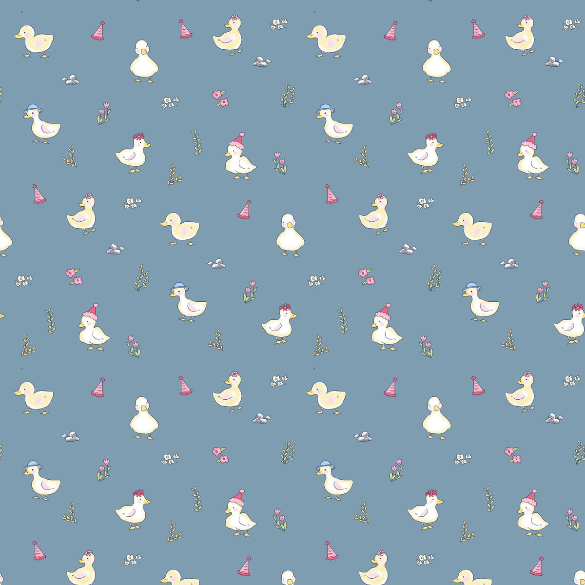 Pastel Blue Duck Party 100% Cotton Elastic Fitted Bedsheet for Single Bed with 1 Pillow Cover | Soft & Breathable | 78 x 36 Inch, 144 TC