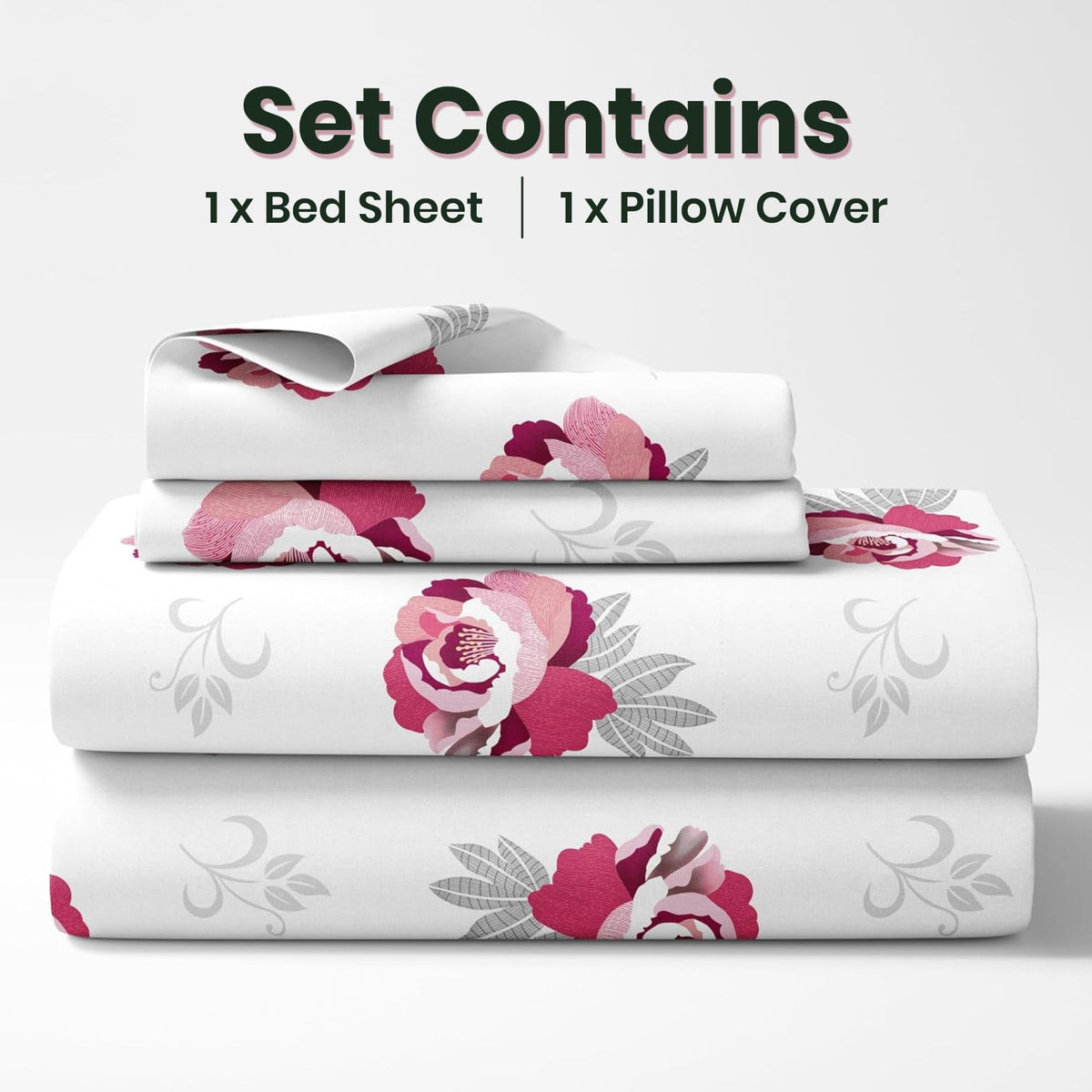 Wine & Pink Floral Single Bedsheet - 210 TC 100% Cotton with 1 Pillow Cover (58 x 88 Inches)