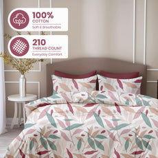 Pink Leaf Double Bedsheet - 210 TC 100% Cotton with 2 Pillow Covers (90 x 90 Inches)