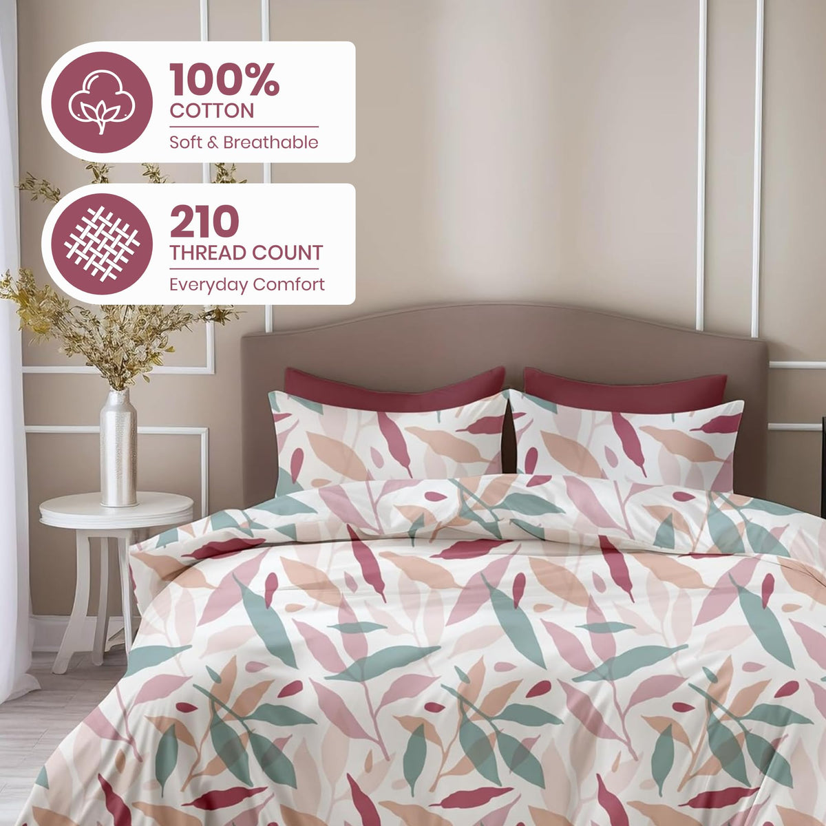 Pink Leaf Double Bedsheet - 210 TC 100% Cotton with 2 Pillow Covers (90 x 90 Inches)