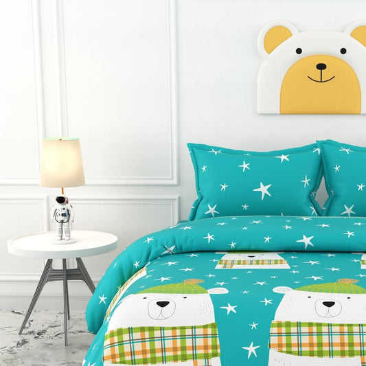 Aqua Teal Cozy Polar Bear 186 TC Cotton Double Bedsheet, 90 x 90 Inches -  Soft Percale Weave with 2 Pillow Covers, Durable & Breathable