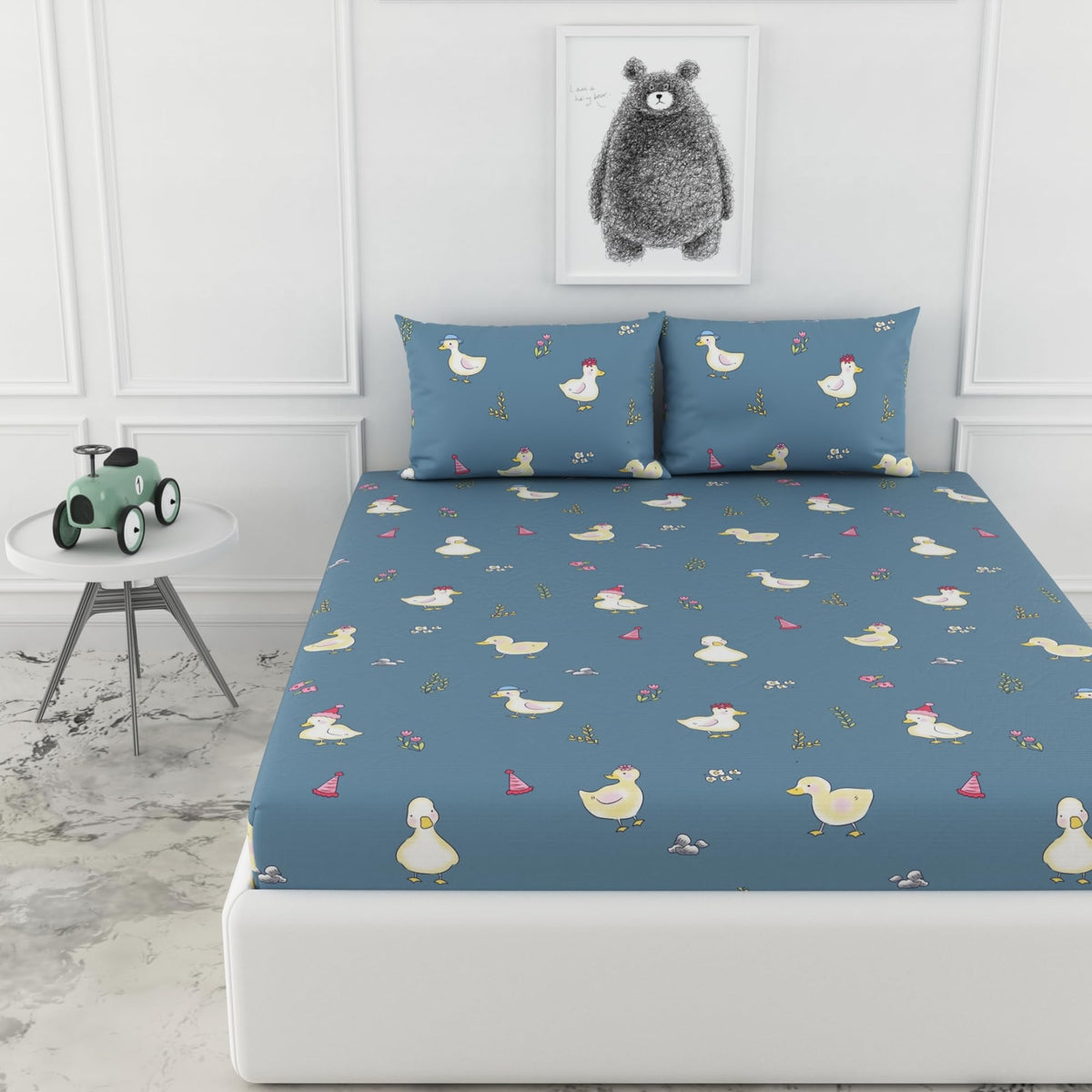 Loreto Pastel Blue Duck Party Double Fitted Bedsheet | 144 TC | 100% Cotton | Fits 72 x 60 Inches | 8 Inch Pocket - main product image